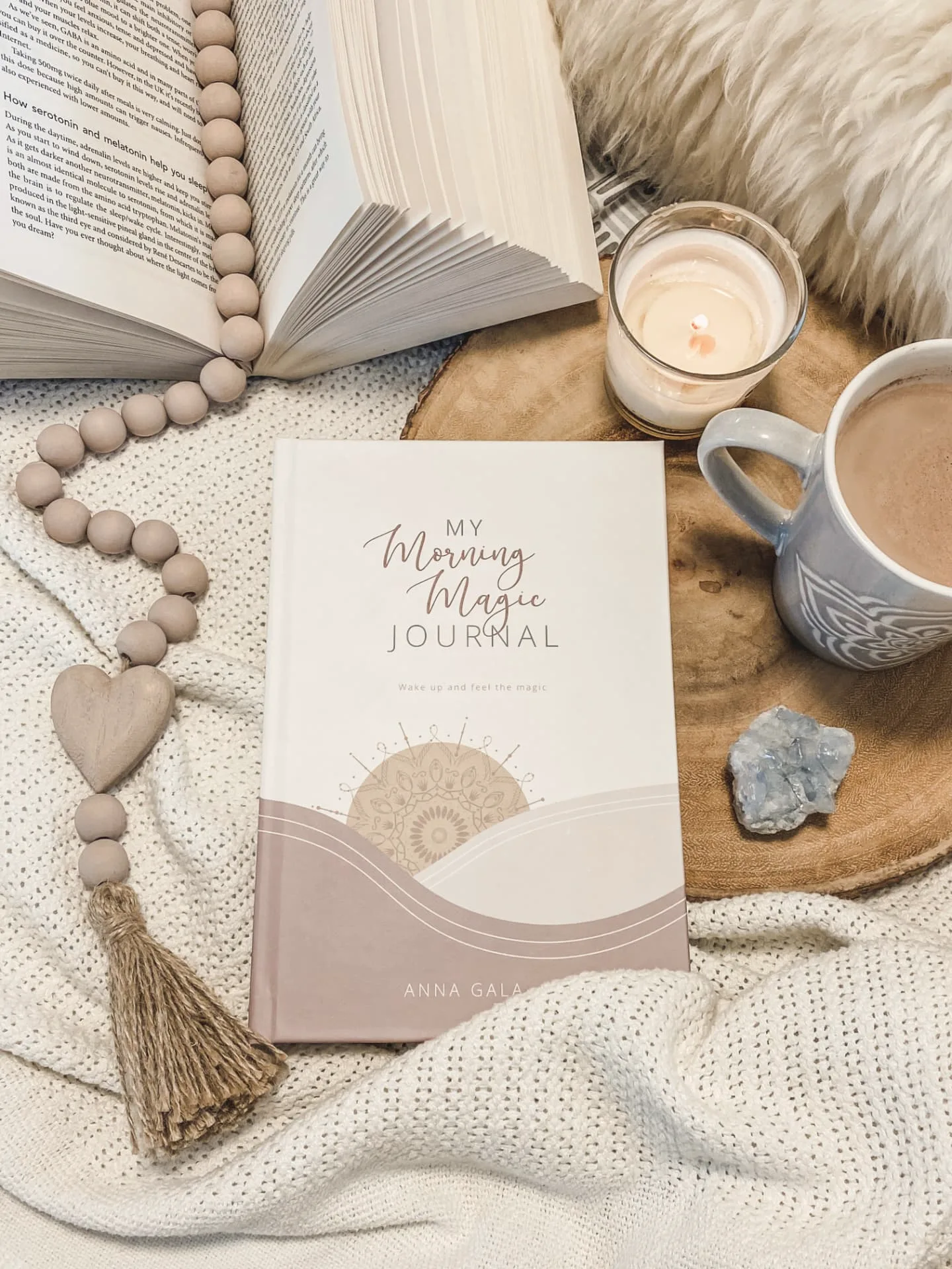 A row of My Morning Magic Journals on a white shelf beside a carved golden rabbit and trailing ivy