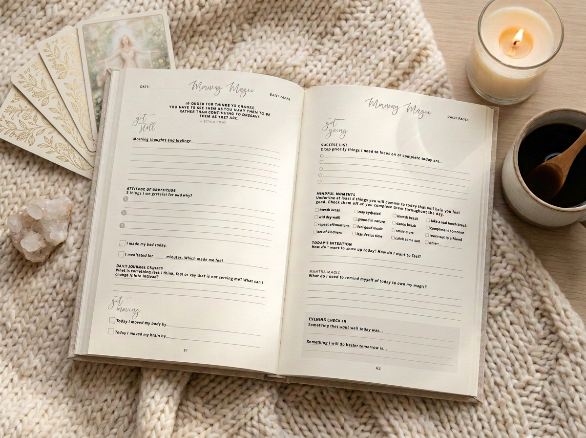 Daily pages spread with Get Still, Get Moving and Get Going prompts, gratitude list, success list and evening check in, shown in an open journal on a cozy morning flatlay