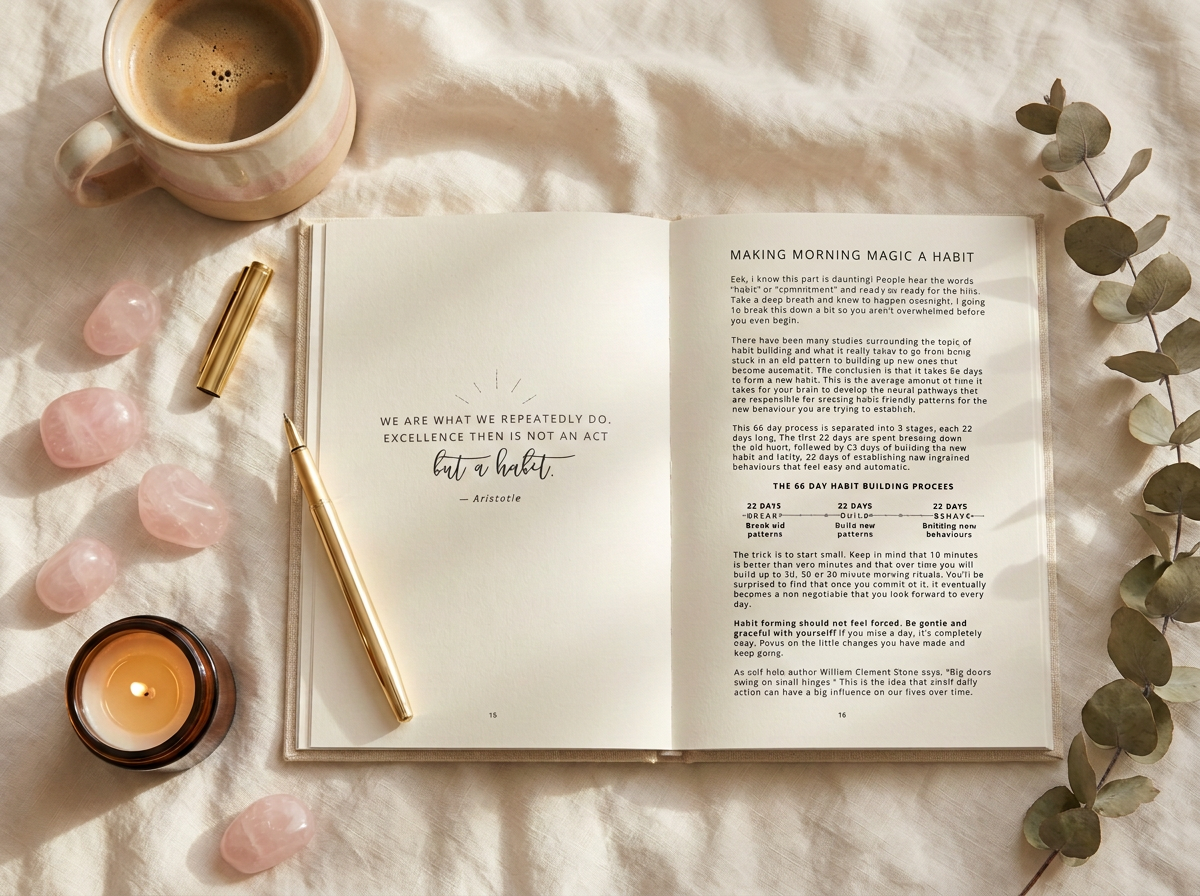 Open My Morning Magic Journal showing the intro pages on making morning magic a habit, on a linen throw with coffee, a candle and rose quartz, shown in an open journal on a cozy morning flatlay
