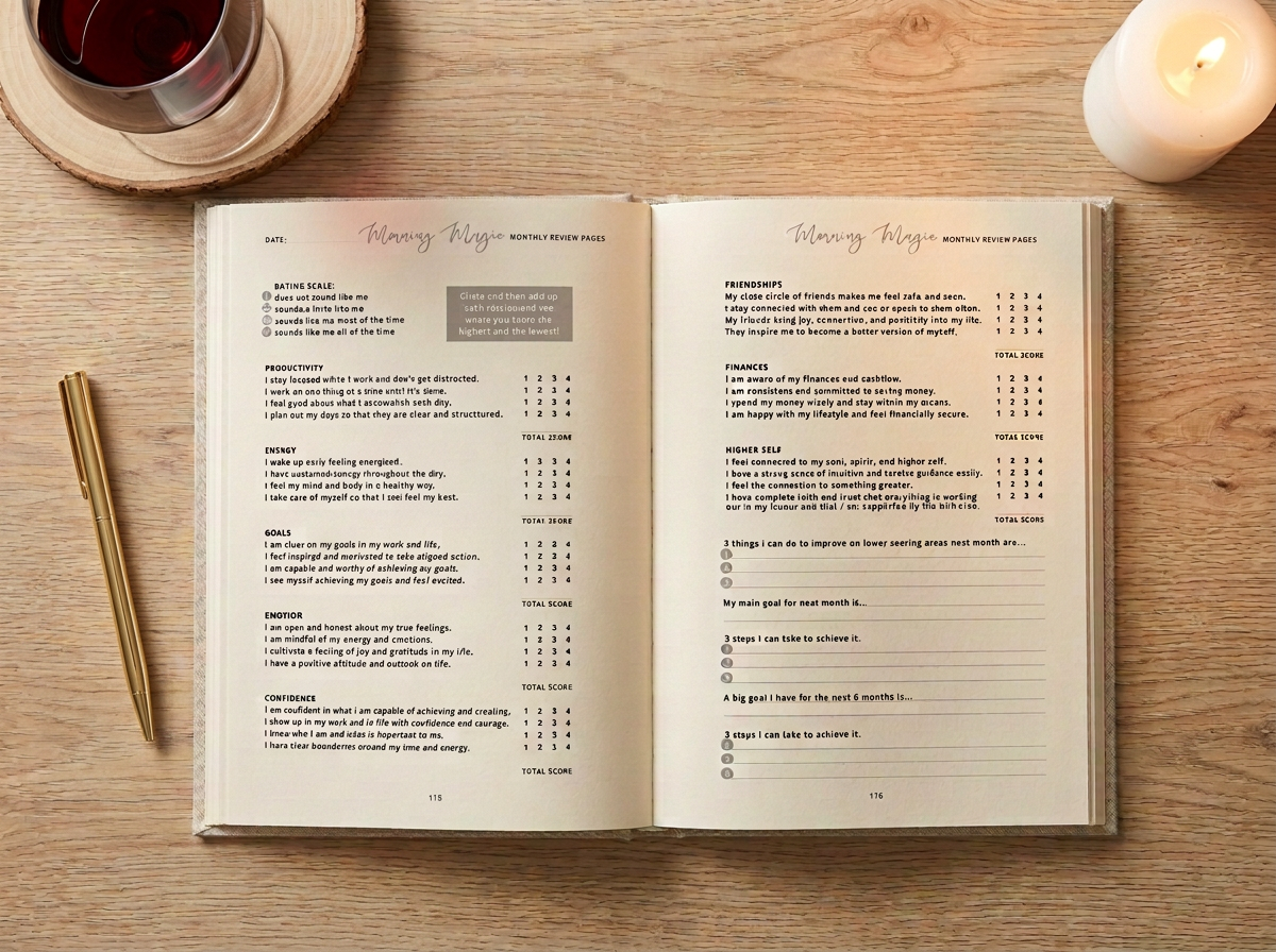 Monthly review spread rating productivity, energy, goals, emotion, confidence, friendships, finances and higher self, shown in an open journal on a cozy morning flatlay