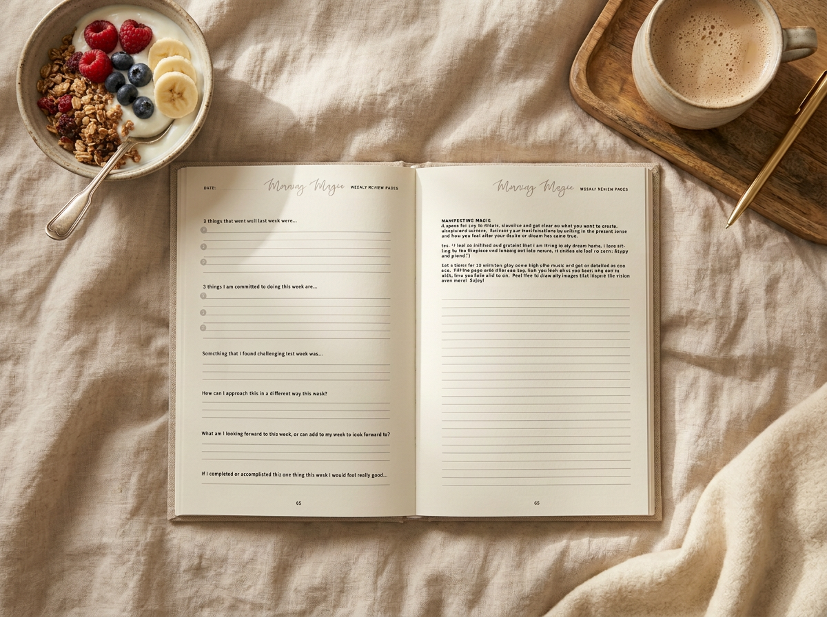 Weekly review spread with reflection prompts and a full Manifesting Magic free writing page, shown in an open journal on a cozy morning flatlay